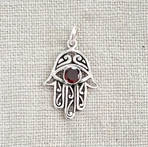 Garnet Hamsa .925 Sterling Silver Pendant from Bali