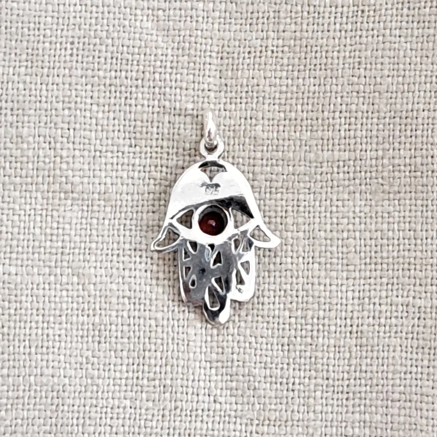 Garnet Hamsa .925 Sterling Silver Pendant from Bali