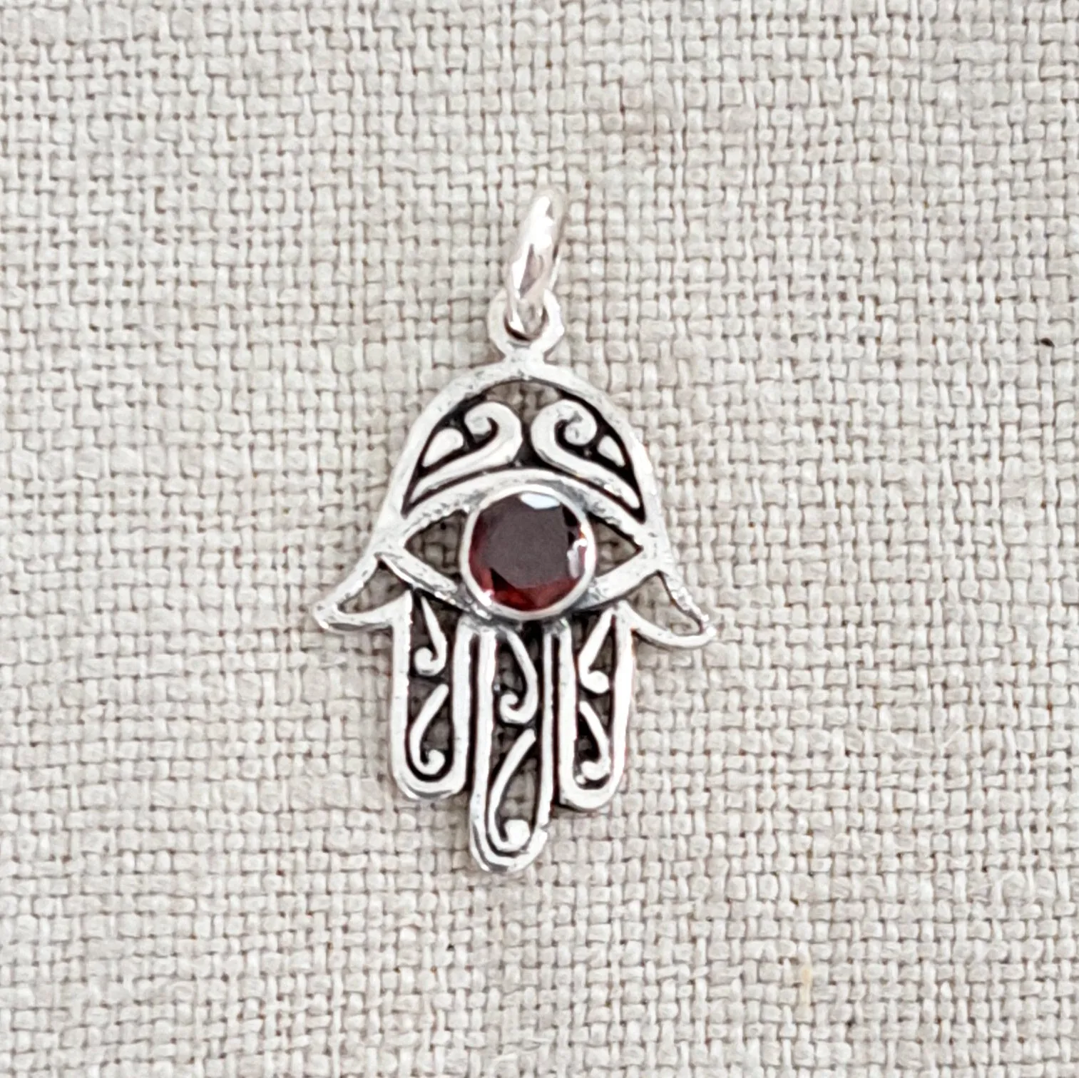 Garnet Hamsa .925 Sterling Silver Pendant from Bali