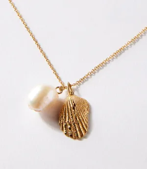 Gold Plated Shell And Pearl Necklace