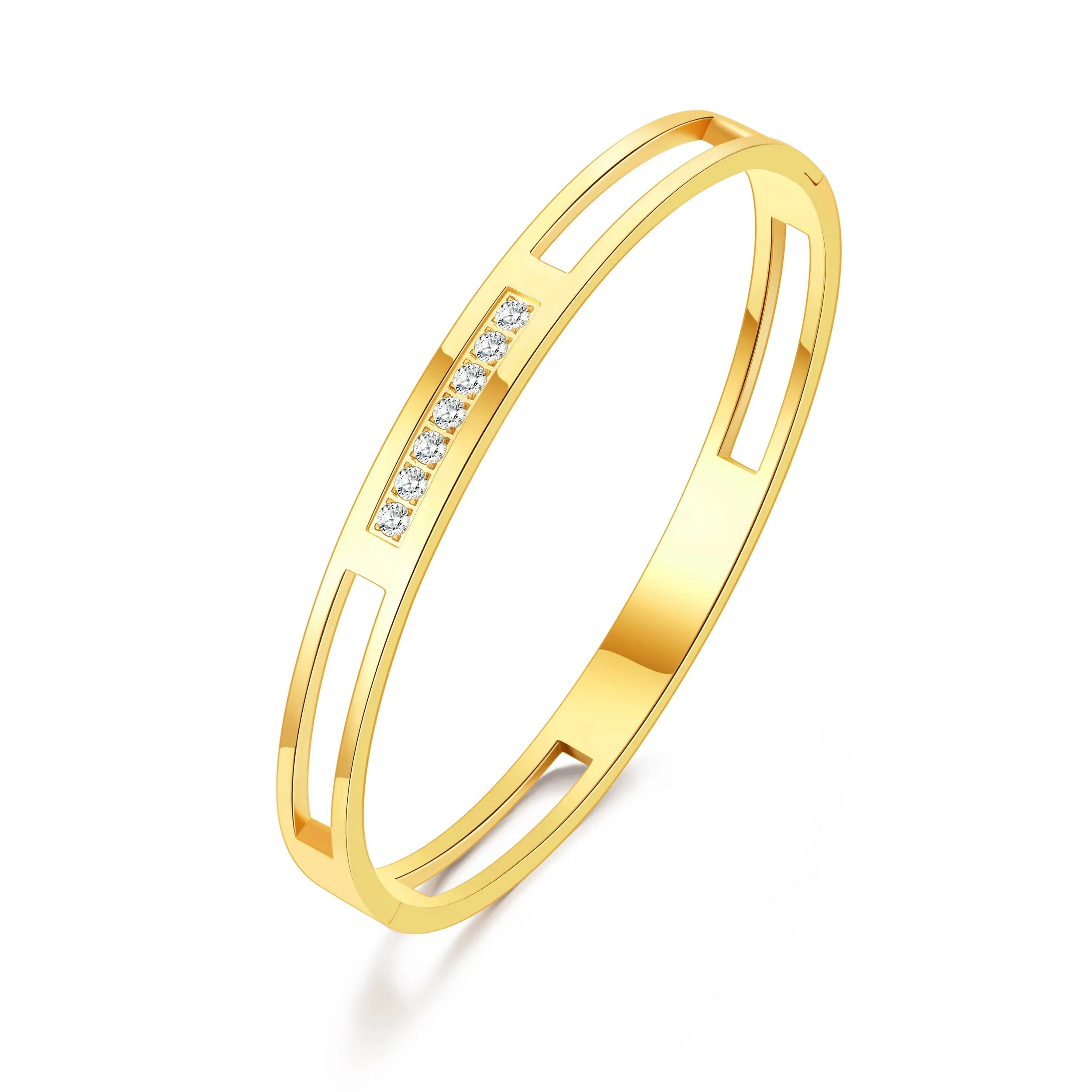 Gold Plated Stainless Steel Channel Bangle Created with Zircondia® Crystals (7 Inch)