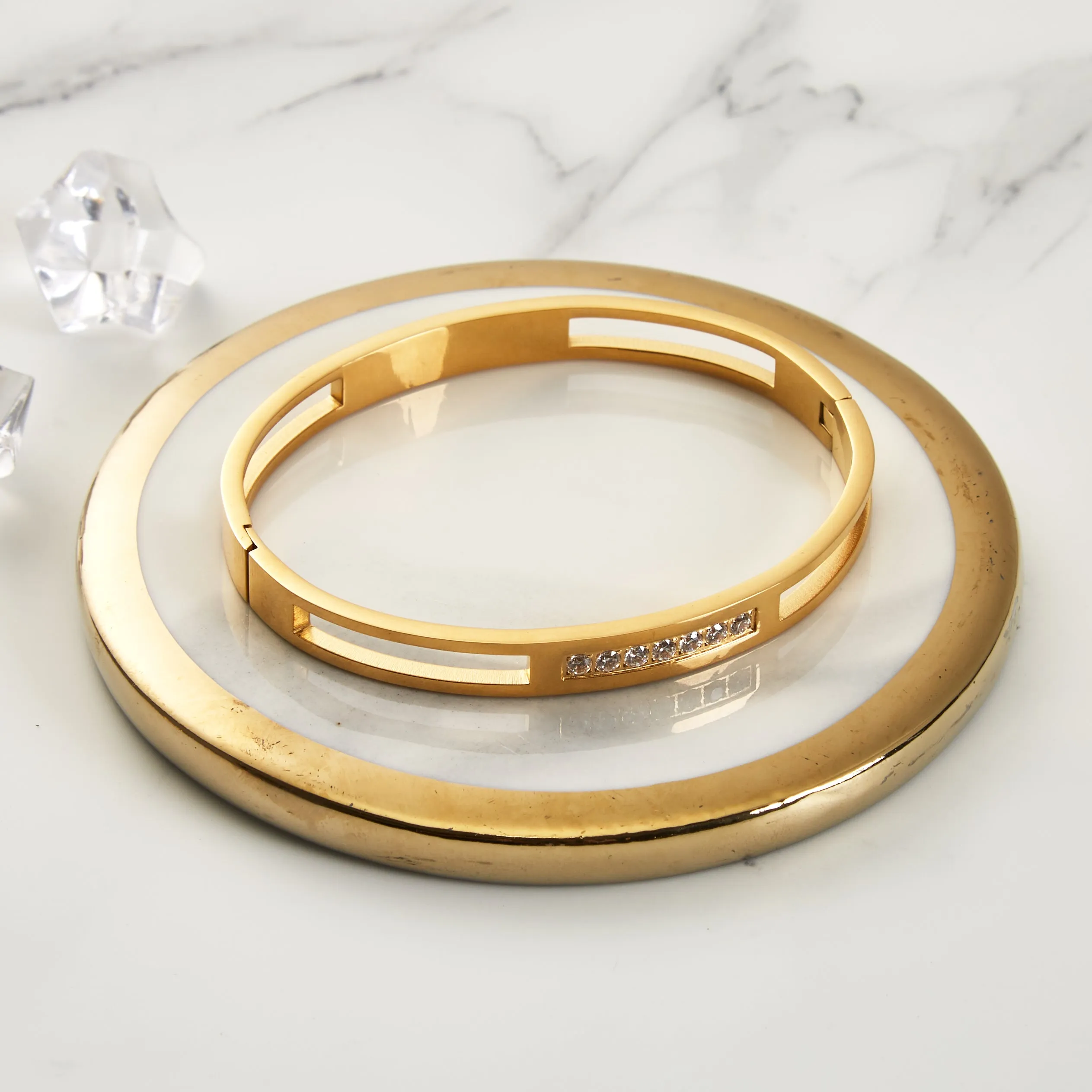 Gold Plated Stainless Steel Channel Bangle Created with Zircondia® Crystals (7 Inch)