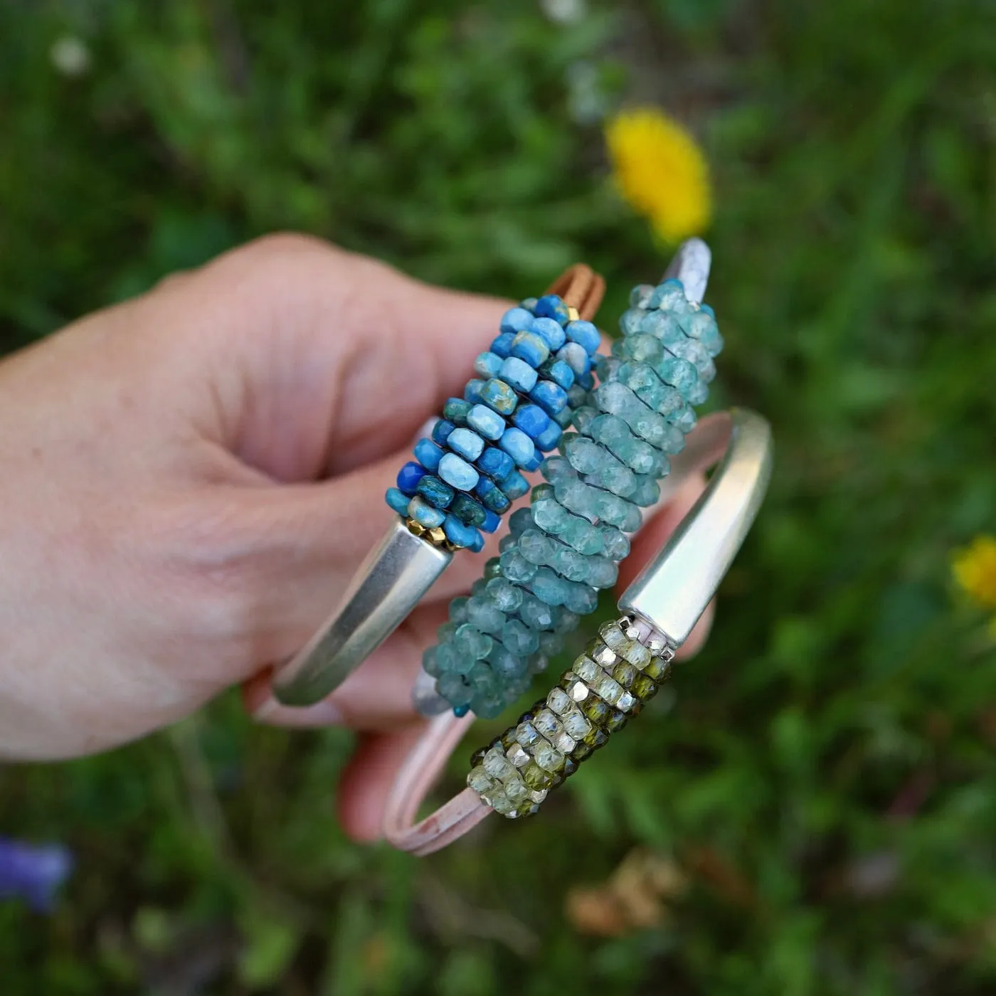 Green Zircon & Sterling Silver Mix 1/2 Cuff Bracelet