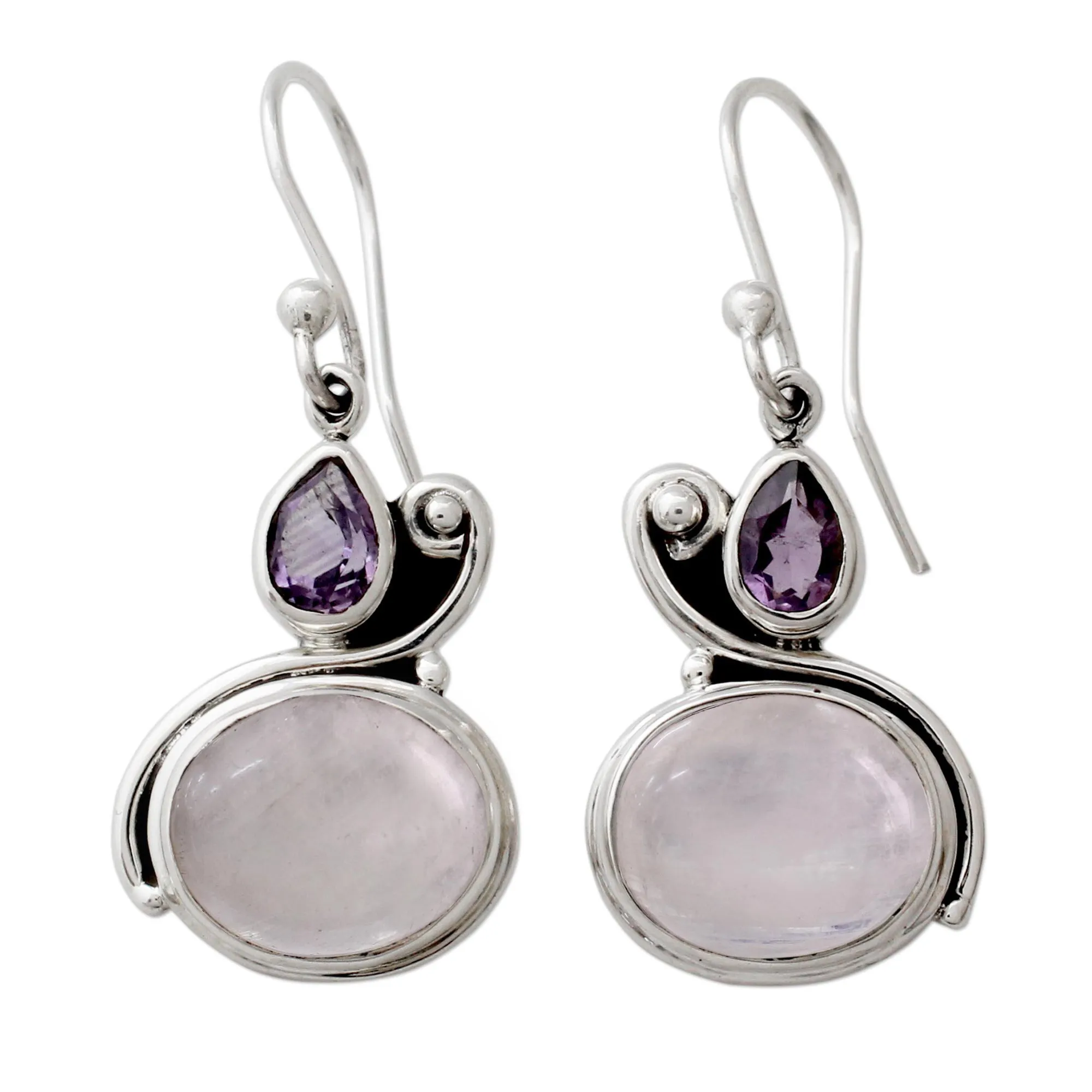 Hand Crafted Moonstone and Amethyst Dangle Earrings - Glistening Beauty | NOVICA