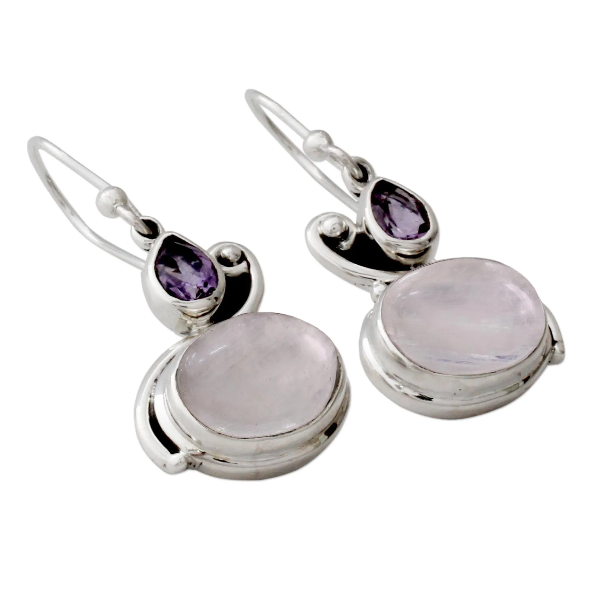 Hand Crafted Moonstone and Amethyst Dangle Earrings - Glistening Beauty | NOVICA