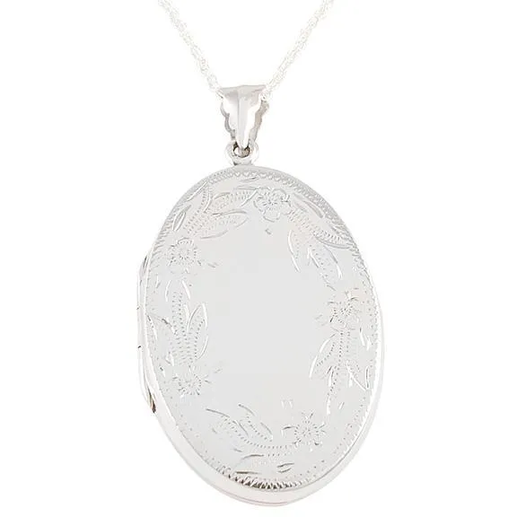 Hand Engraved Sterling Silver Large Oval Flower Design Locket