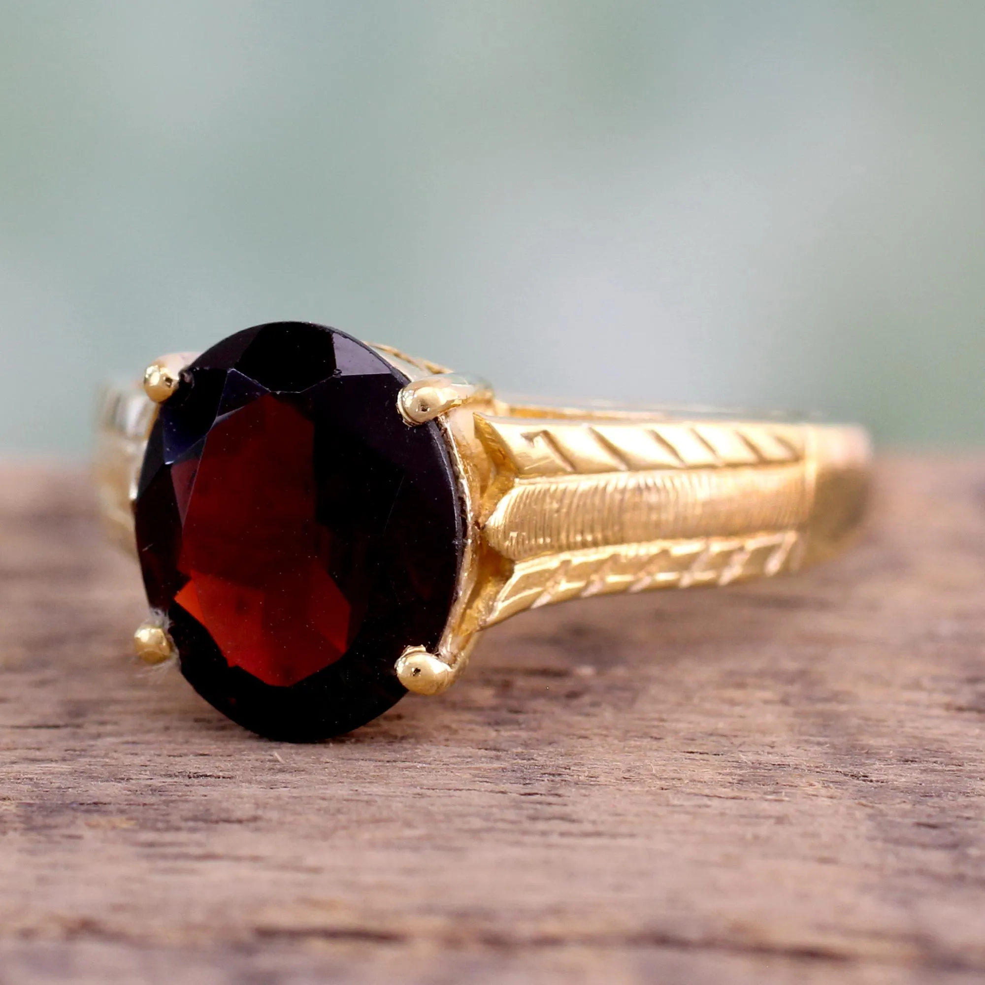 Handcrafted Gold Vermeil and Garnet Solitaire Ring - Royal Red | NOVICA