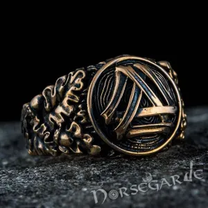 Handcrafted Valknut Oak Leaves Ring - Bronze