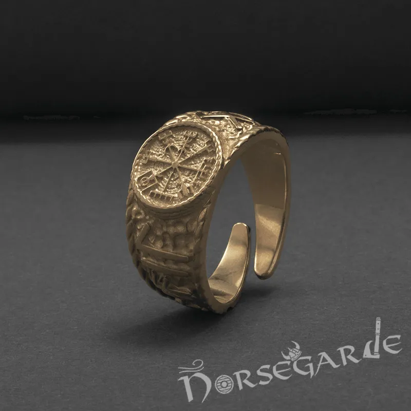 Handcrafted Vegvisir Runic Signet Ring - Gold