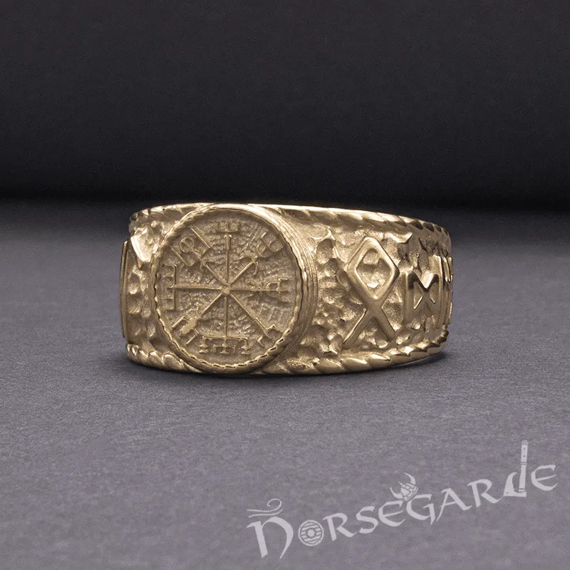 Handcrafted Vegvisir Runic Signet Ring - Gold