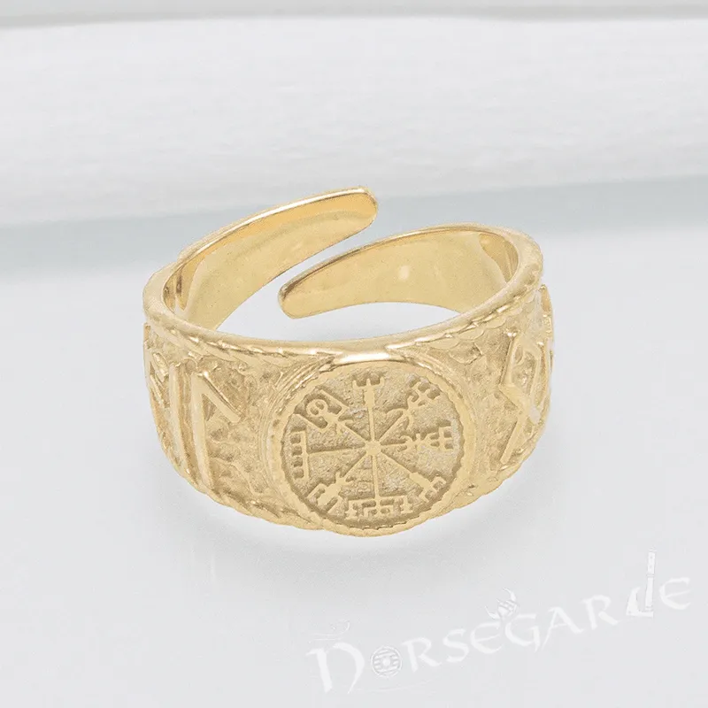 Handcrafted Vegvisir Runic Signet Ring - Gold