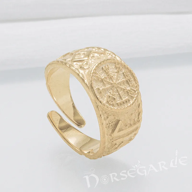 Handcrafted Vegvisir Runic Signet Ring - Gold