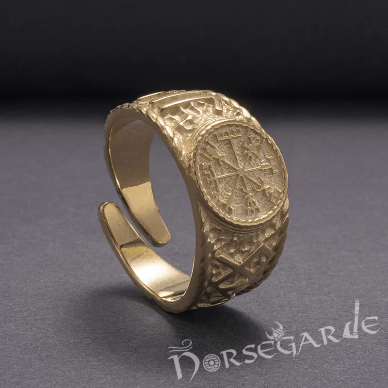 Handcrafted Vegvisir Runic Signet Ring - Gold