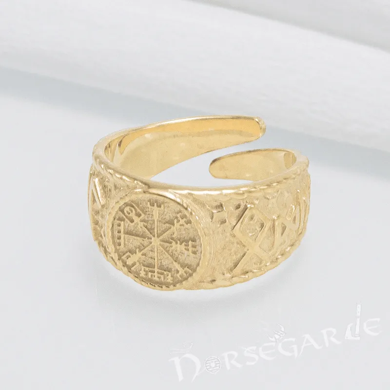 Handcrafted Vegvisir Runic Signet Ring - Gold