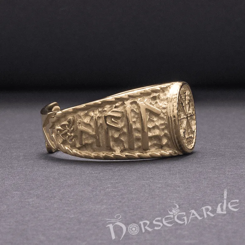 Handcrafted Vegvisir Runic Signet Ring - Gold