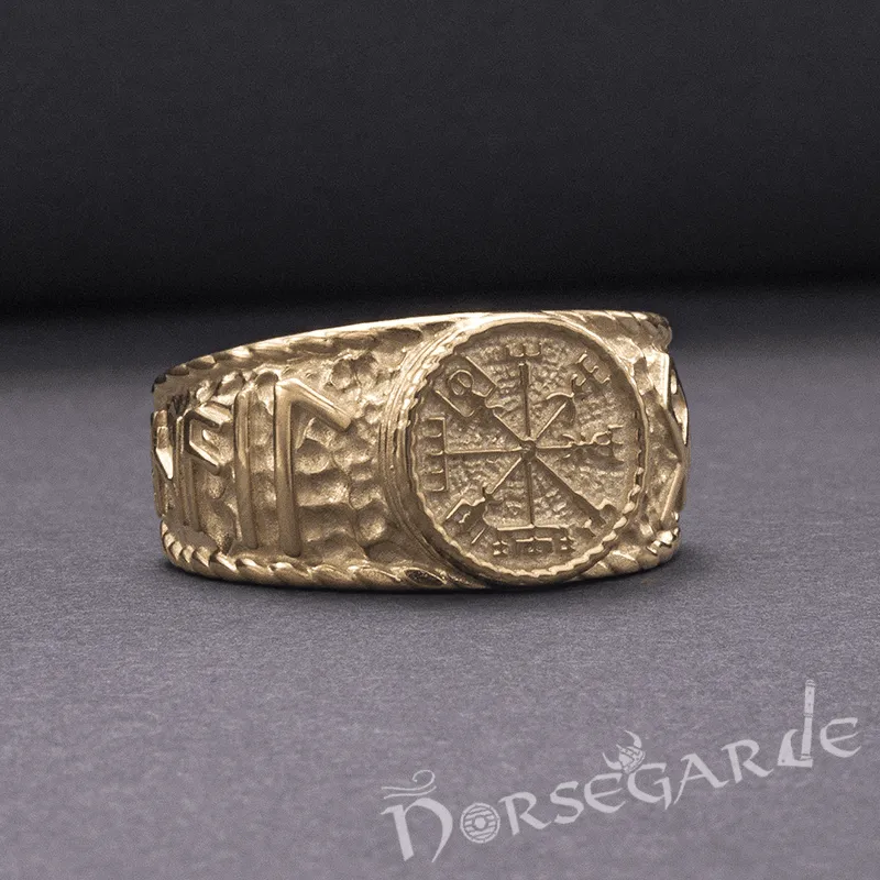 Handcrafted Vegvisir Runic Signet Ring - Gold