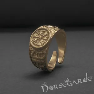 Handcrafted Vegvisir Runic Signet Ring - Gold