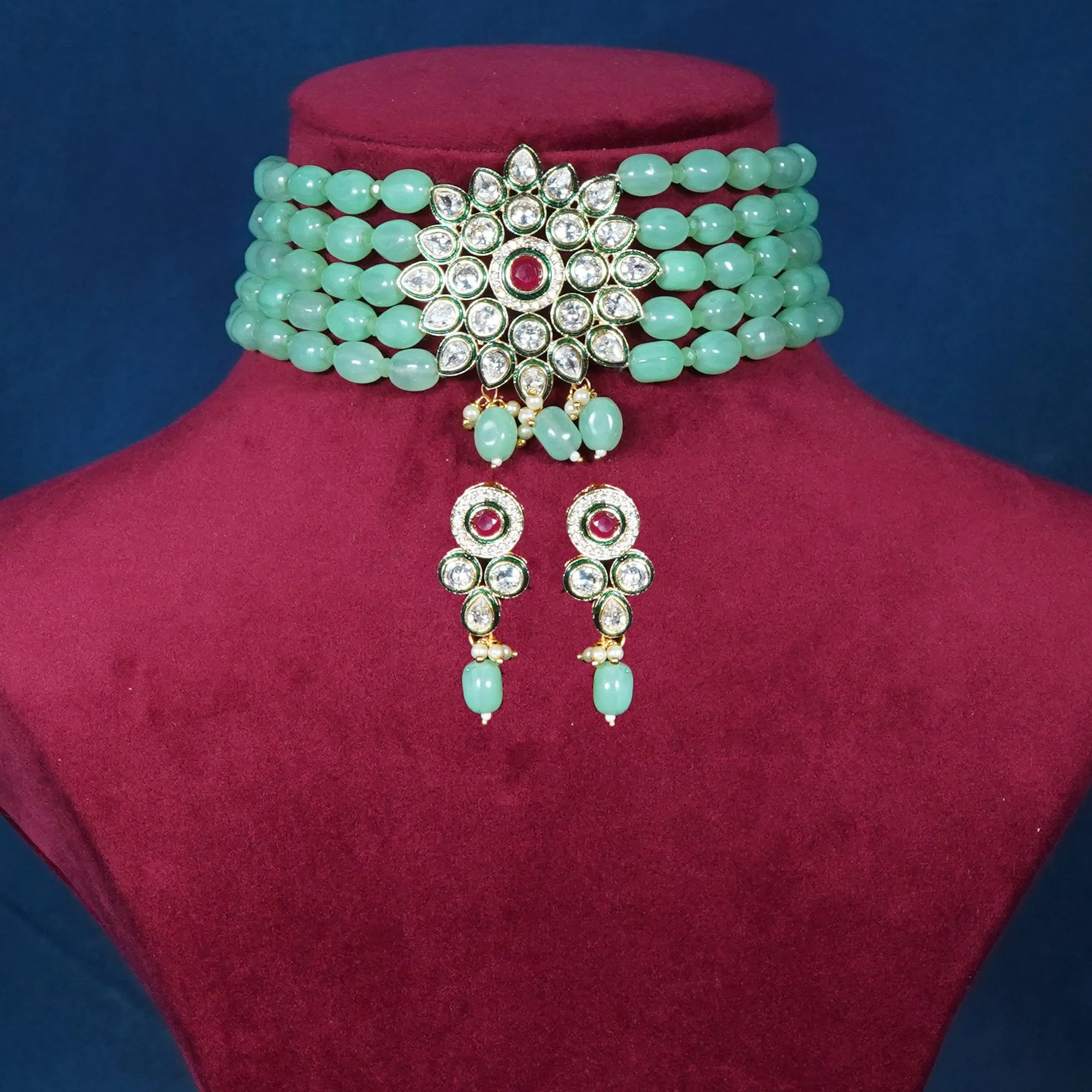 Imeora Designer Green Choker Necklace Set With Stone Hangings And Handmade Dori