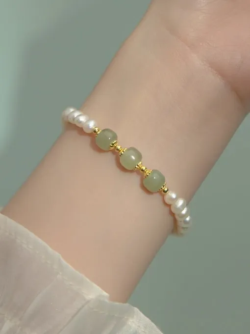 Lucky Pearls and Jade Bracelet, Three Natural Jade Gemstones with Freshwater Pearls, 18k Gold Plated, 925 Sterling Silver Bracelet