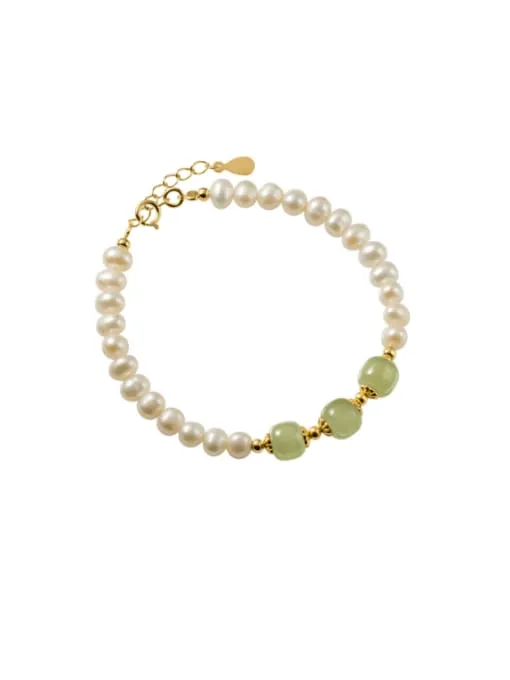 Lucky Pearls and Jade Bracelet, Three Natural Jade Gemstones with Freshwater Pearls, 18k Gold Plated, 925 Sterling Silver Bracelet