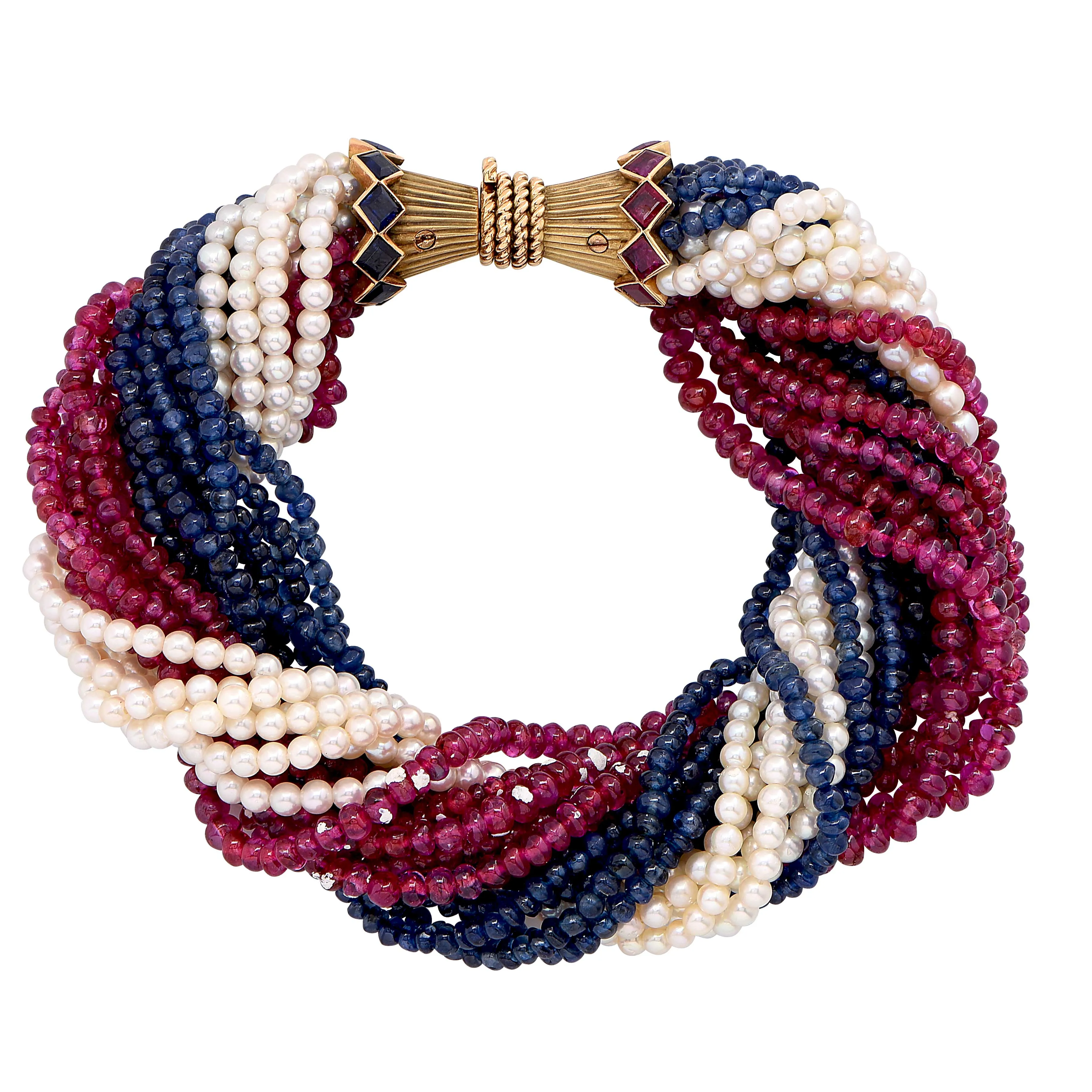 Marchak Paris Sapphire Ruby Pearl Gold Torsade Bracelet