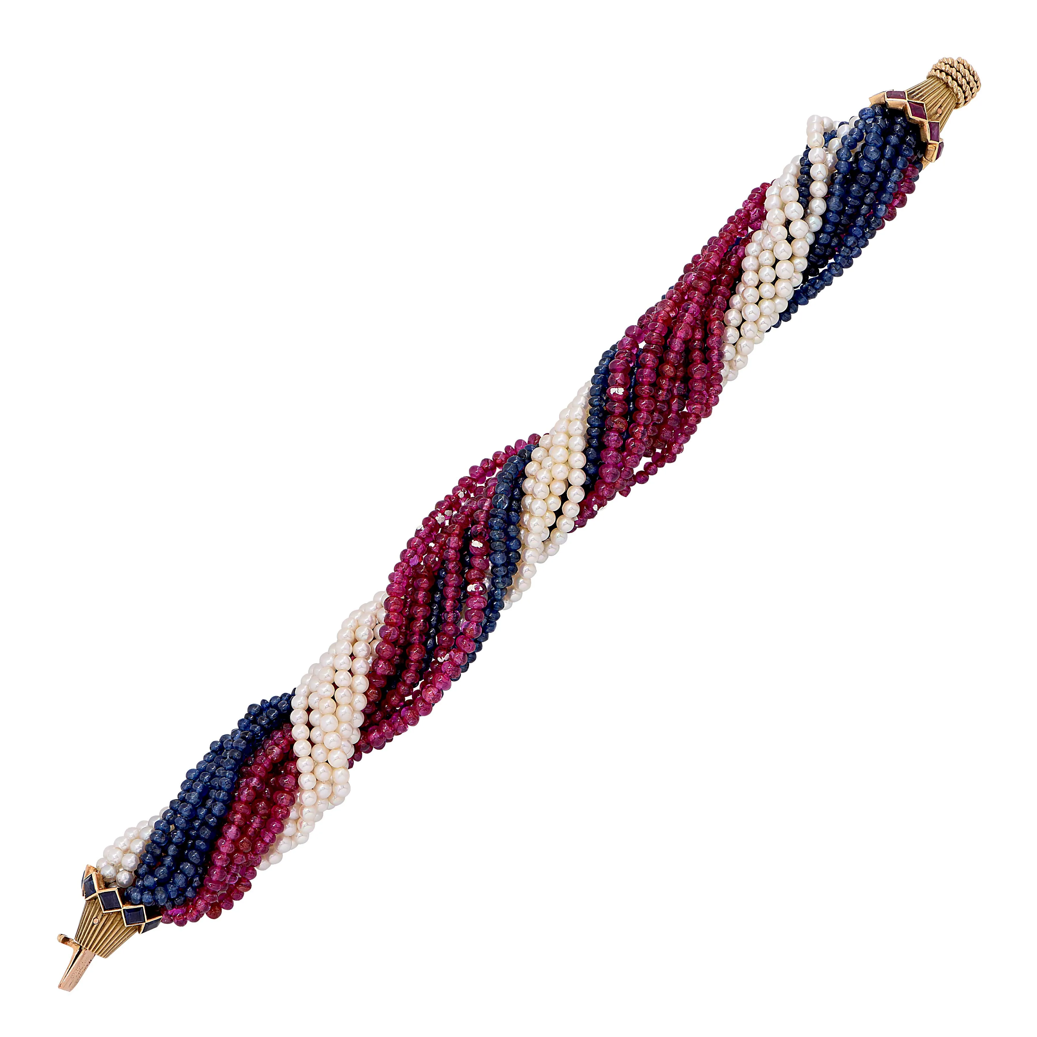 Marchak Paris Sapphire Ruby Pearl Gold Torsade Bracelet