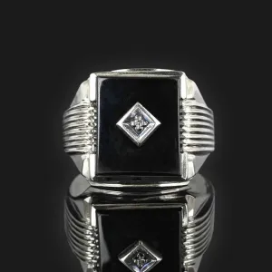 Mens 14K White Gold Diamond Onyx Ring