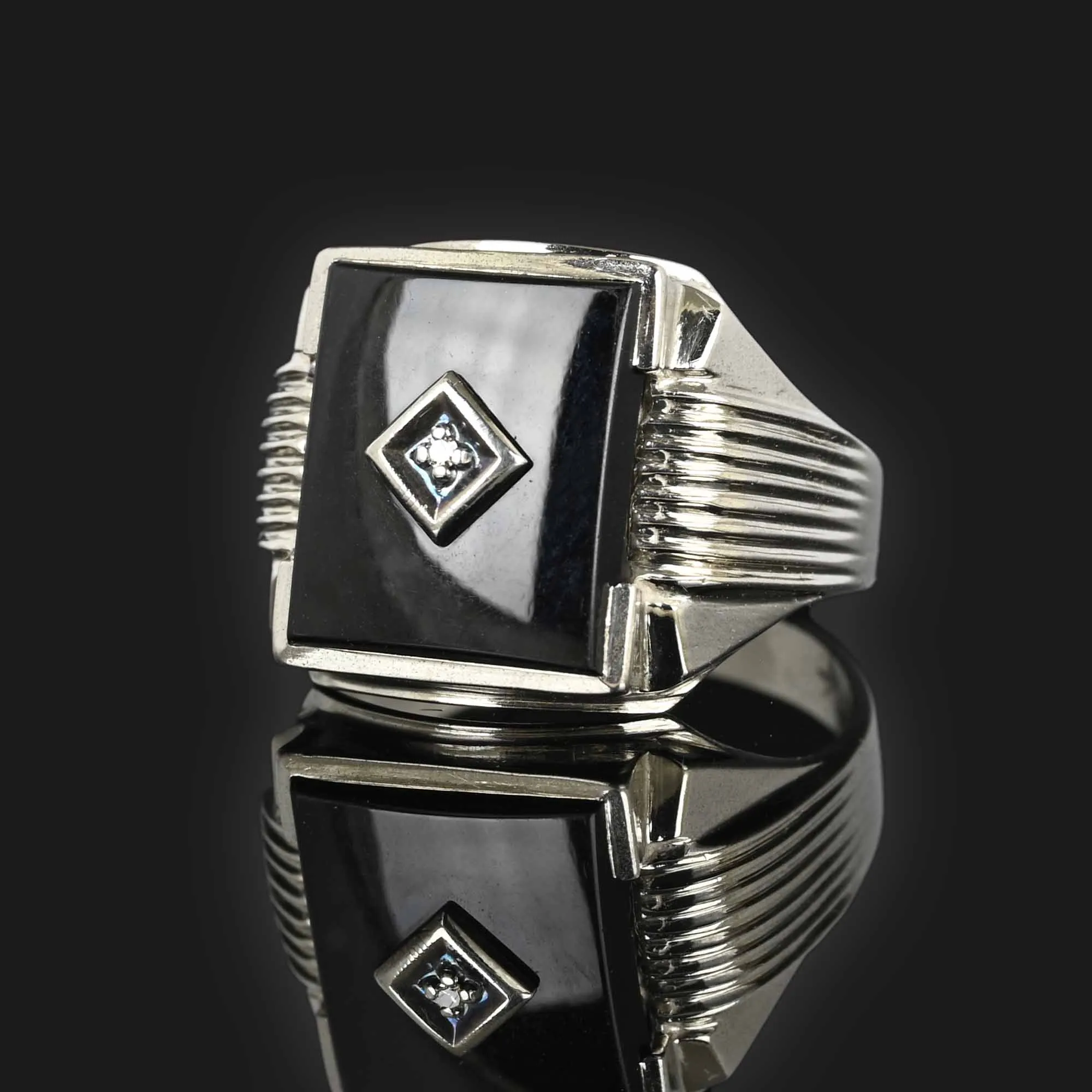 Mens 14K White Gold Diamond Onyx Ring