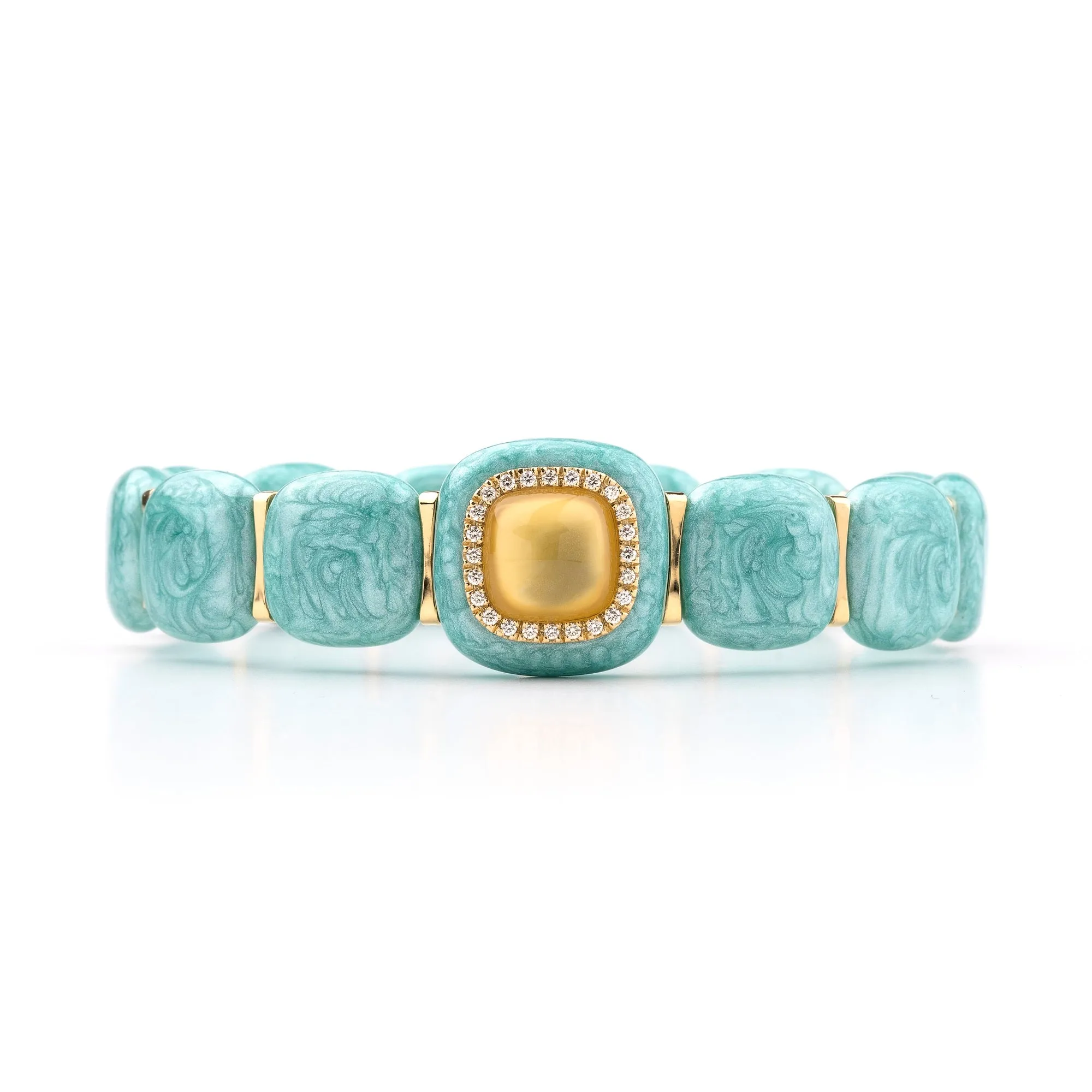 Mint green enamel and light citrin 18k yellow gold and diamond bracelet