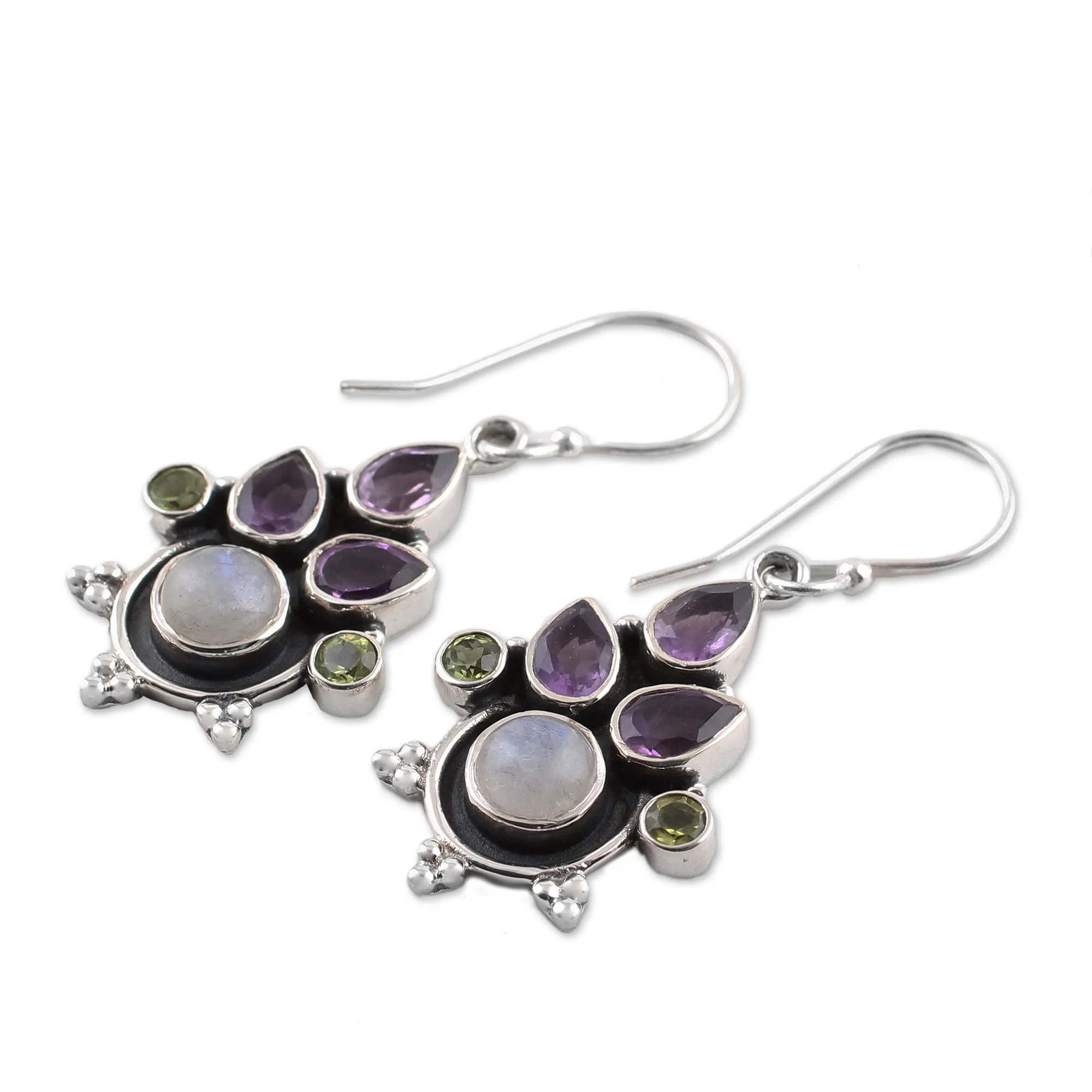 Multi-Gem Amethyst Rainbow Moonstone and Peridot Earrings - Colorful Bunch | NOVICA