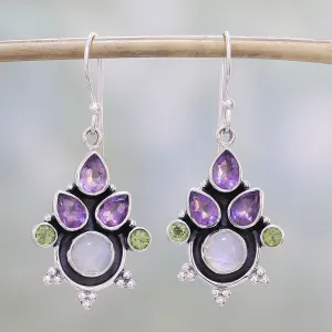 Multi-Gem Amethyst Rainbow Moonstone and Peridot Earrings - Colorful Bunch | NOVICA