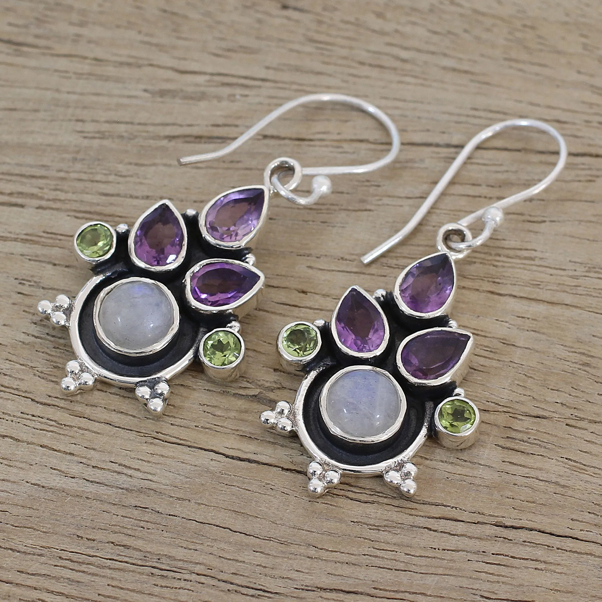 Multi-Gem Amethyst Rainbow Moonstone and Peridot Earrings - Colorful Bunch | NOVICA