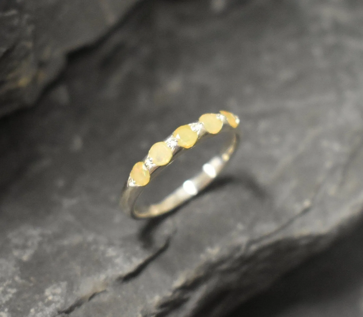 Natural Opal Ring - Yellow Eternity Band - Dainty Vintage Ring