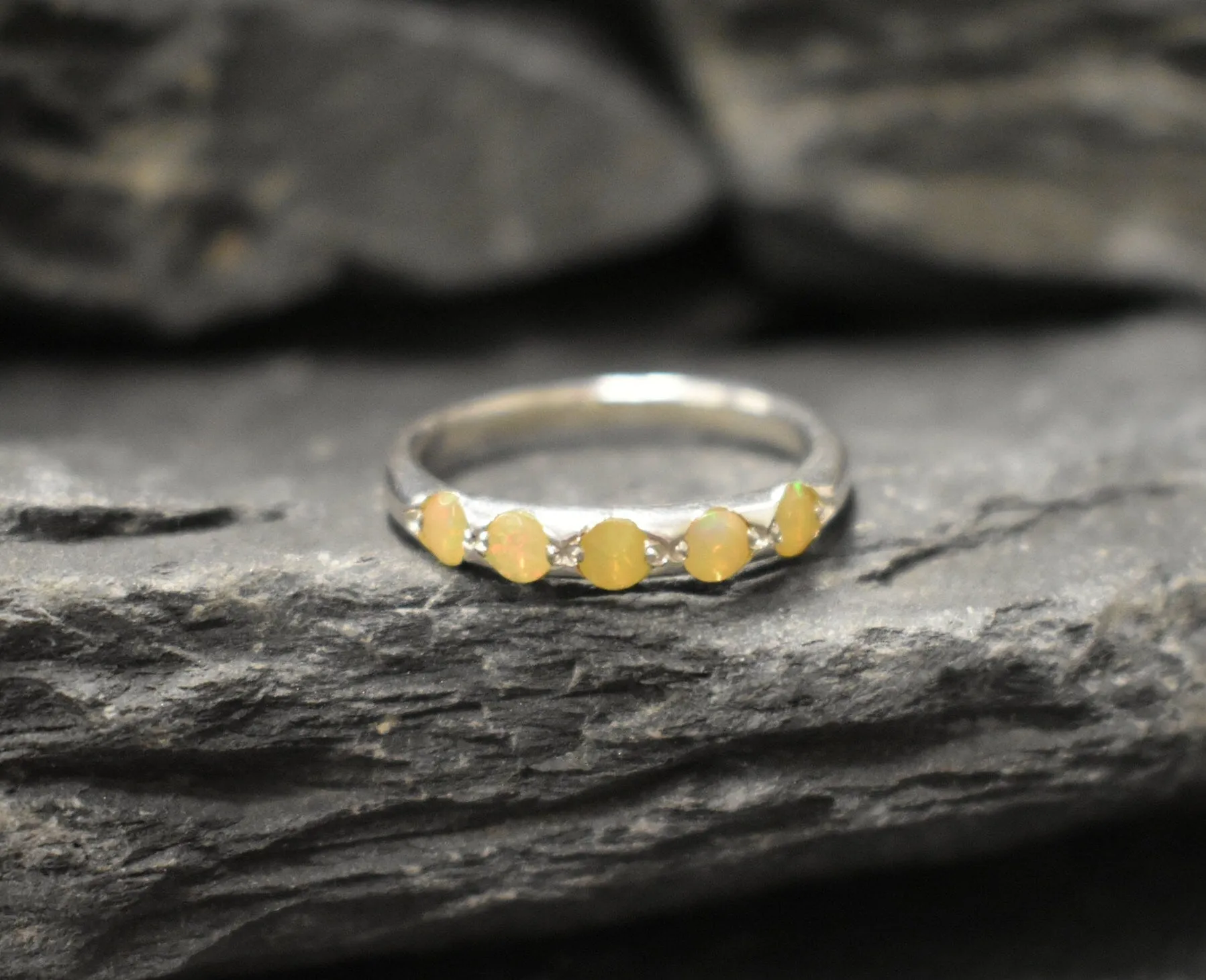 Natural Opal Ring - Yellow Eternity Band - Dainty Vintage Ring