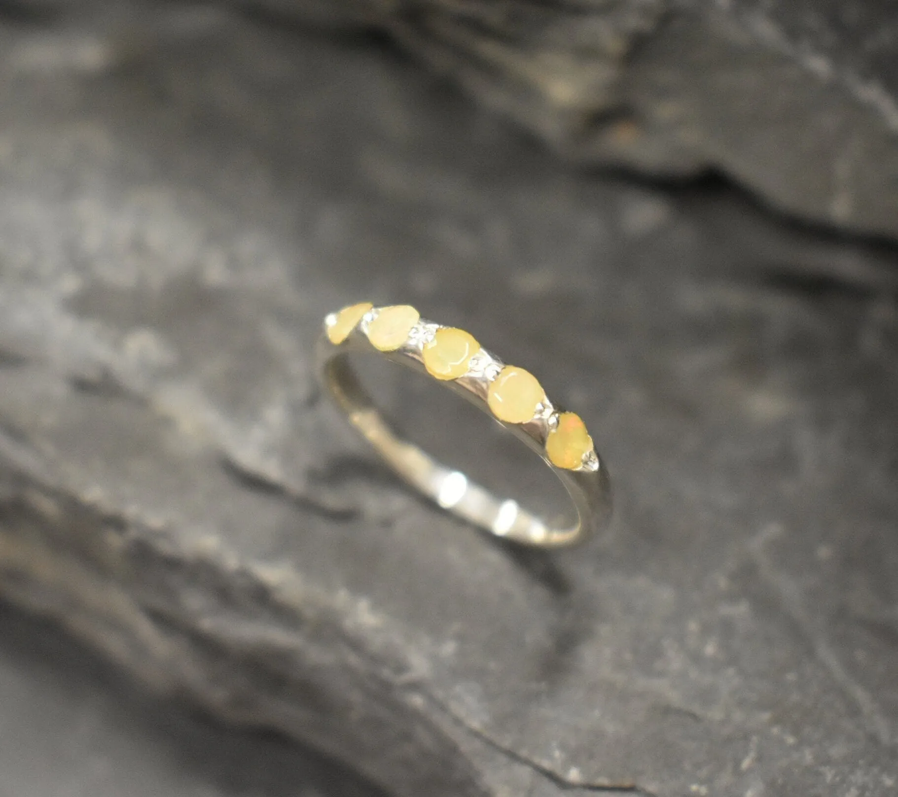 Natural Opal Ring - Yellow Eternity Band - Dainty Vintage Ring