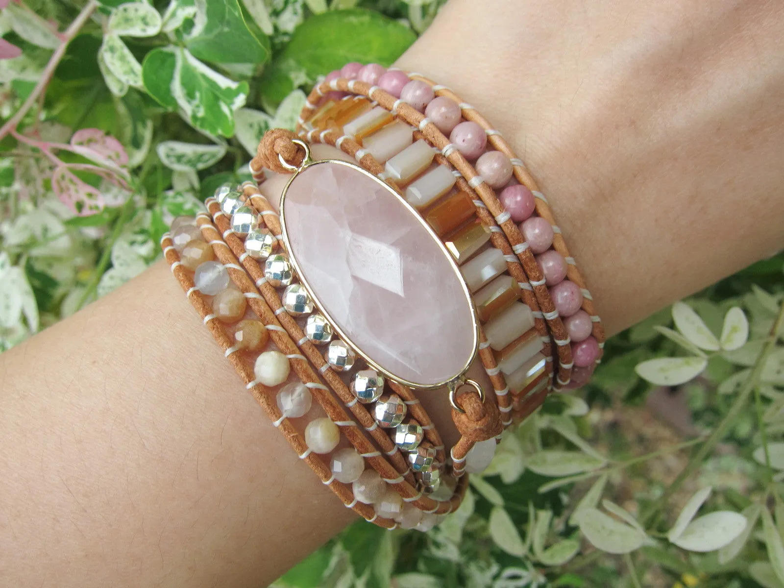 Natural Rose Quartz, Rhodonite, Sunstone Beaded Wrap Bracelet