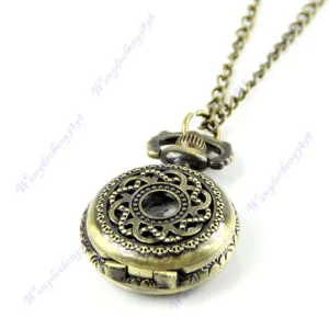 New Antique Pocket Watch Bronze Flower Hollow Pendant Quartz Necklace Chain Gift