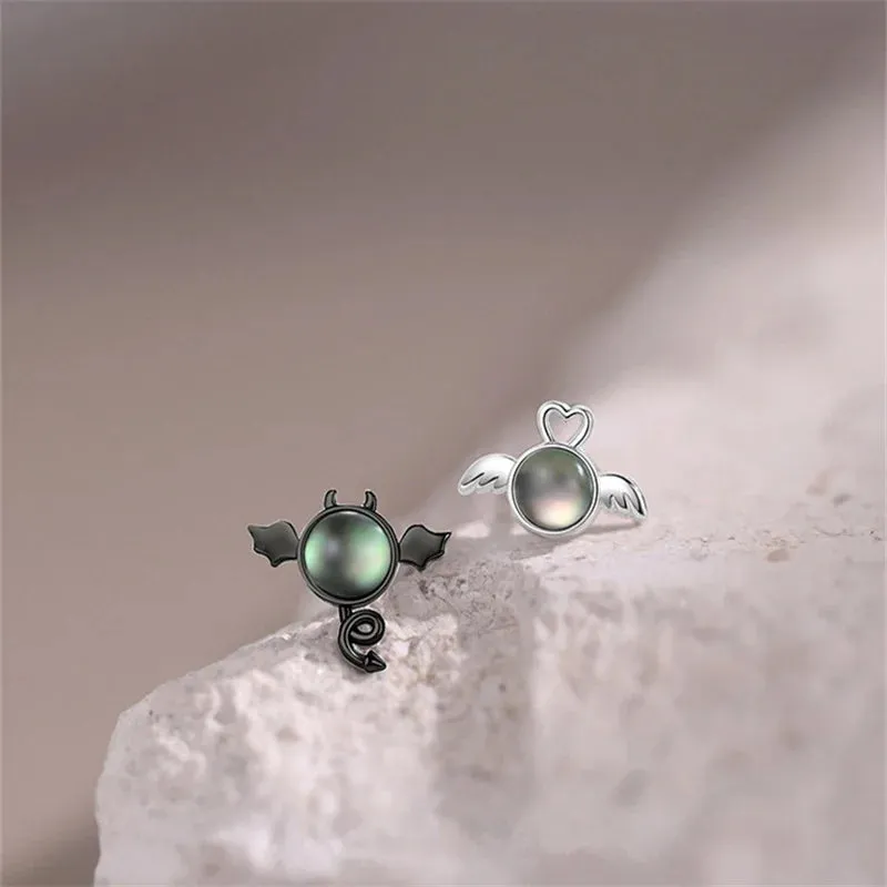 New Creative Angel and Devil Stud Earrings Asymmetric Opal Planet Astronaut Cute Animal Cat Earrings For Women Party Jewelry