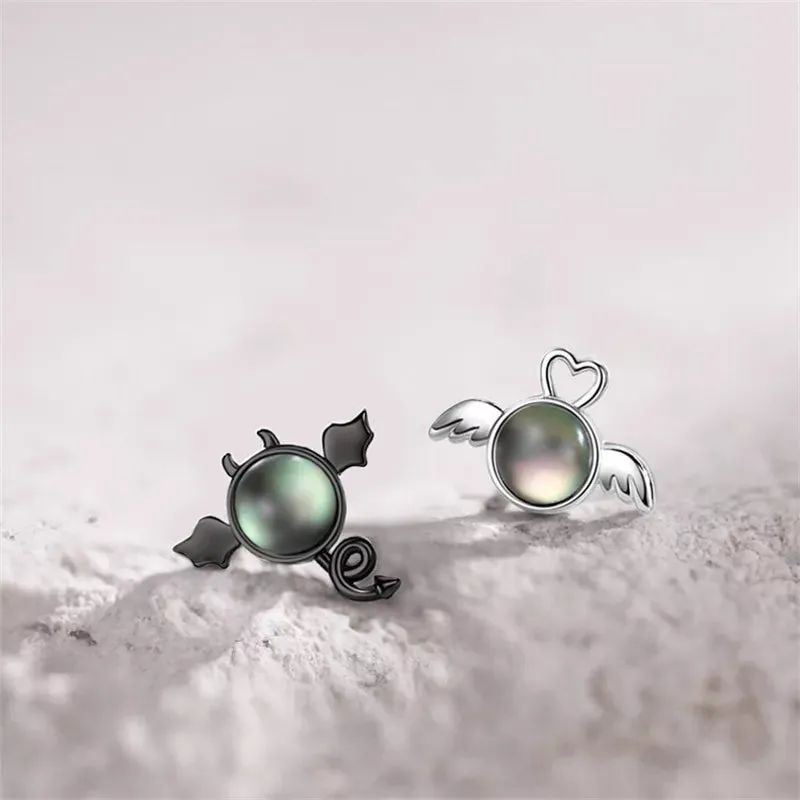 New Creative Angel and Devil Stud Earrings Asymmetric Opal Planet Astronaut Cute Animal Cat Earrings For Women Party Jewelry