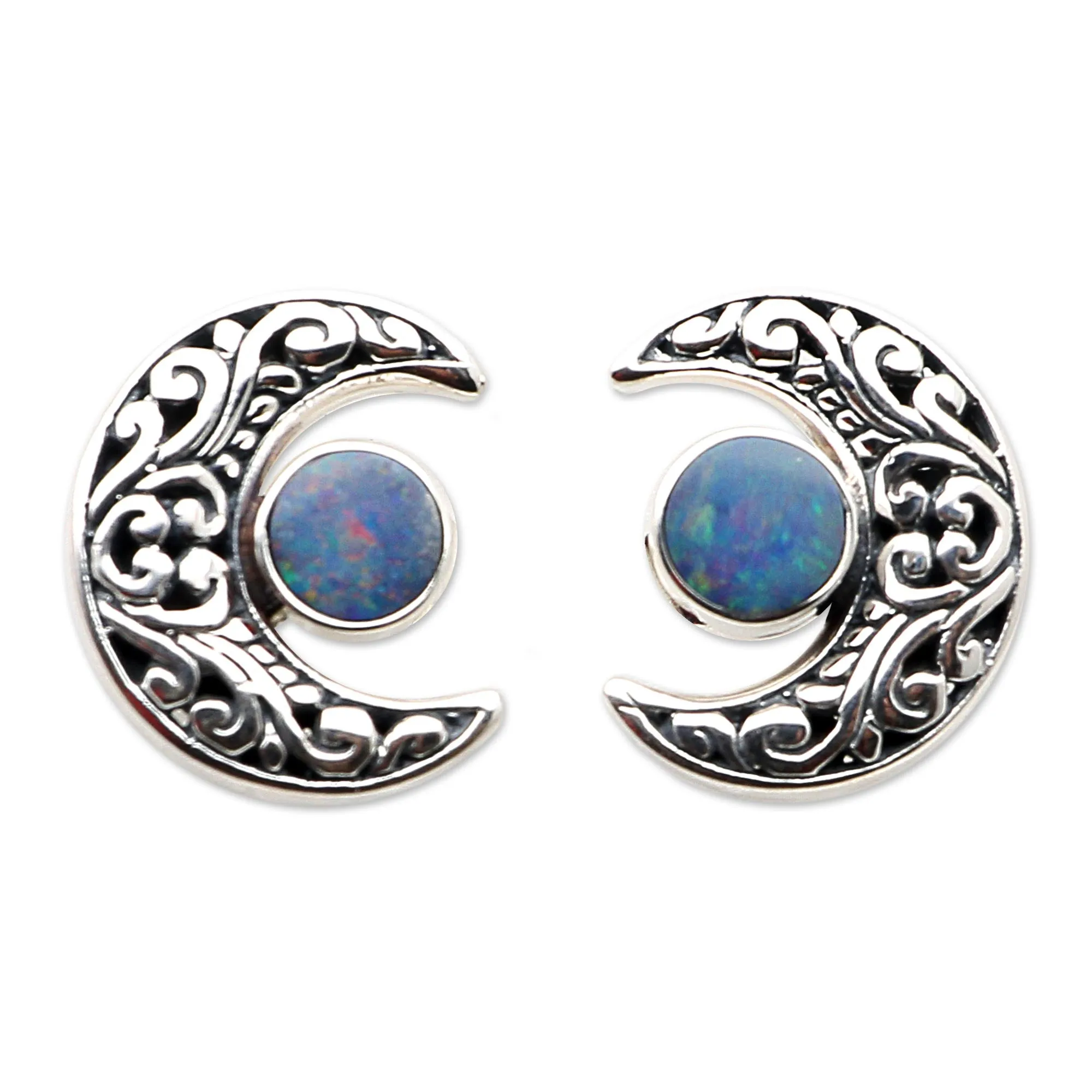 Opal and Sterling Silver Crescent Moon Button Earrings - Embellished Moon | NOVICA