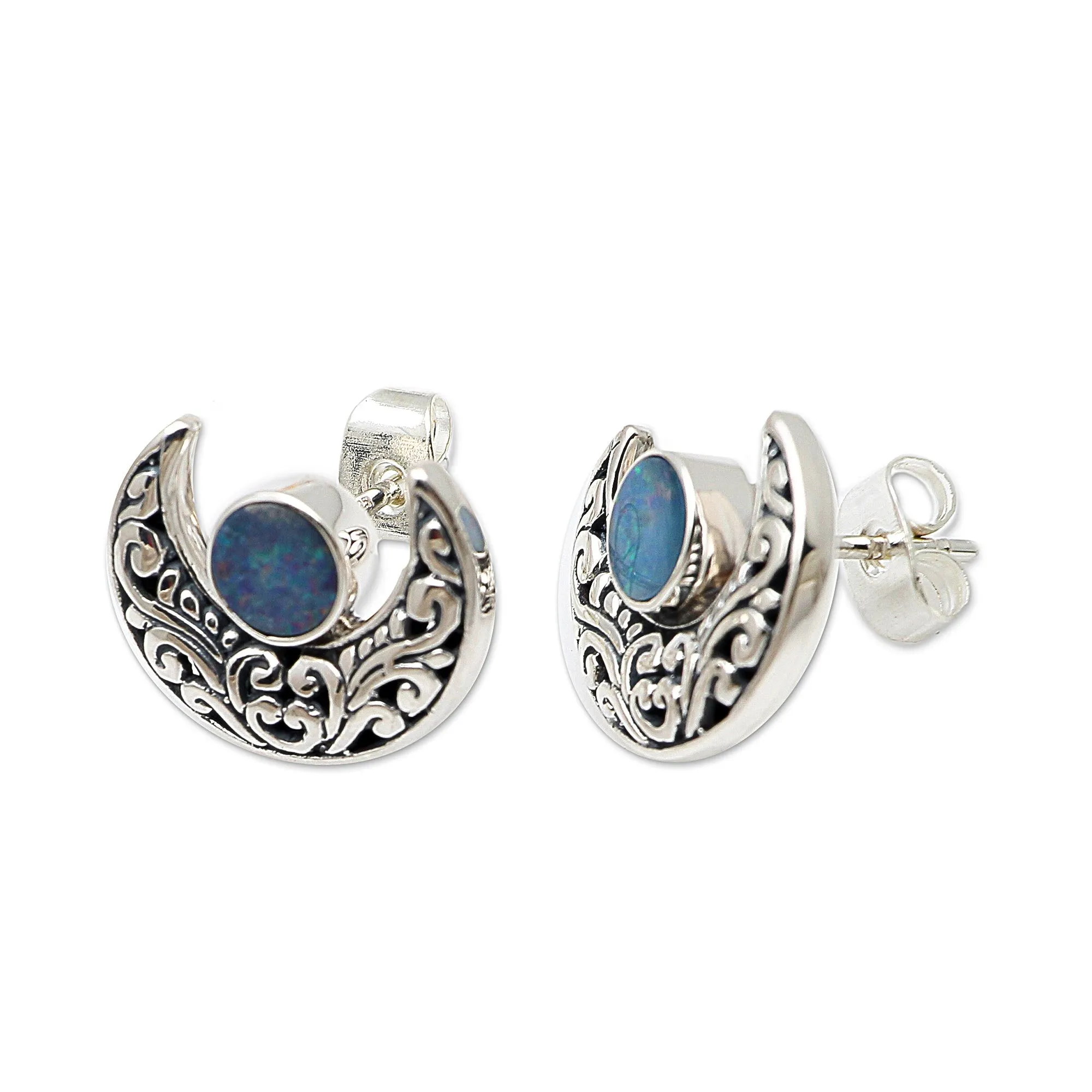 Opal and Sterling Silver Crescent Moon Button Earrings - Embellished Moon | NOVICA