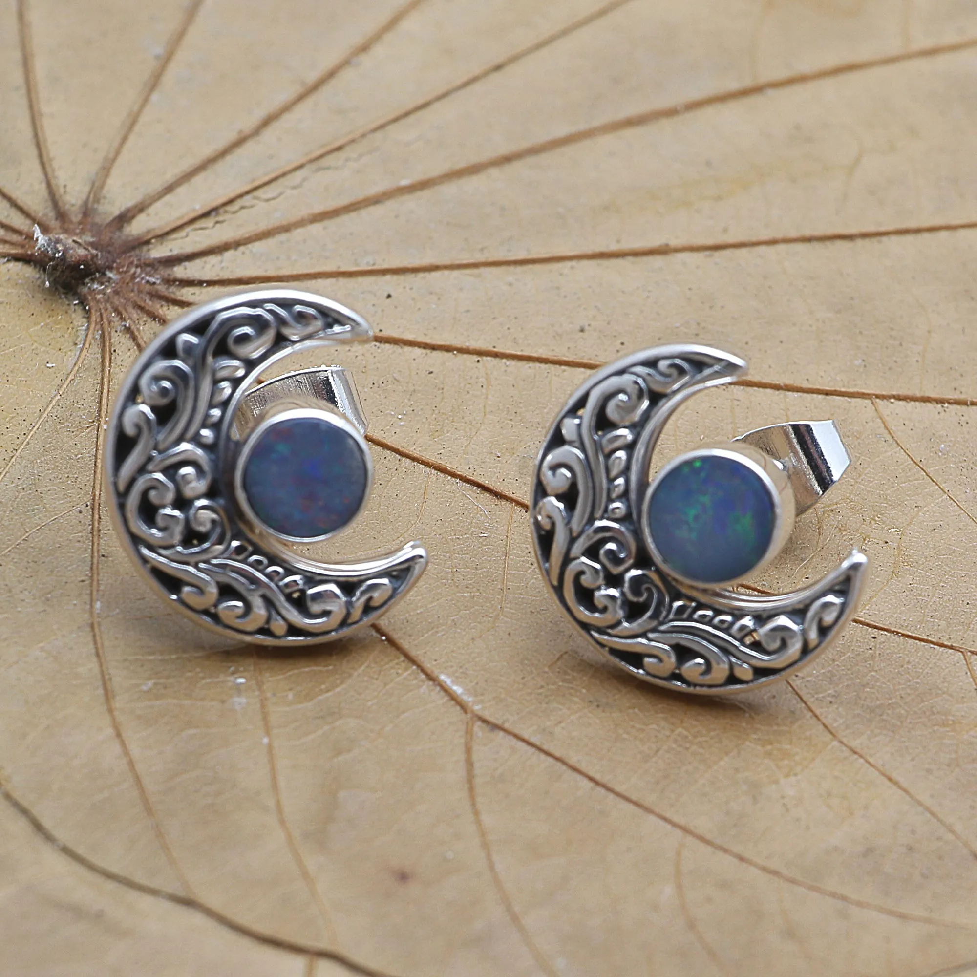 Opal and Sterling Silver Crescent Moon Button Earrings - Embellished Moon | NOVICA