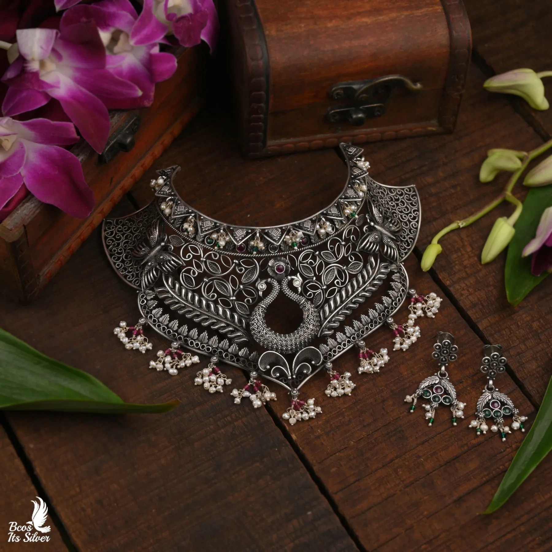 OXIDIZED CHOKER WITH EARRING - 4696