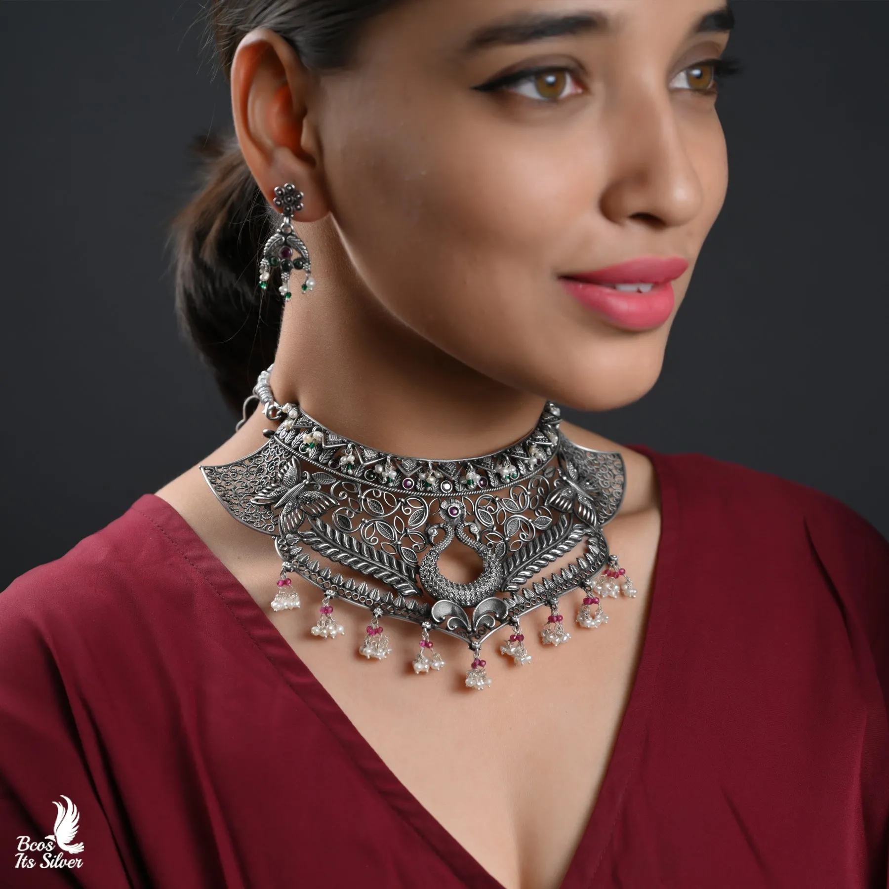 OXIDIZED CHOKER WITH EARRING - 4696