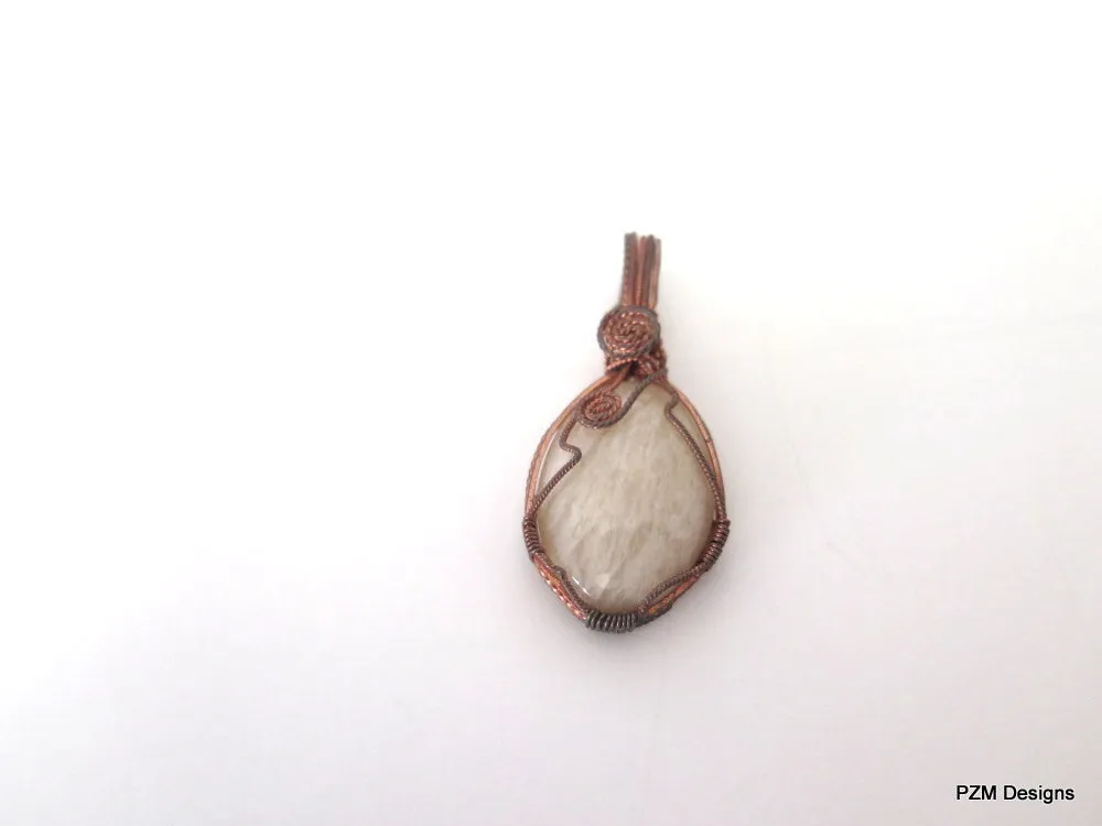 Peach Moonstone Pendant with Copper Slide, Wire Wrapped Copper Pendant with Neck Wire