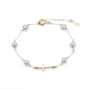 Pearl Station Bracelet with Gold Cross