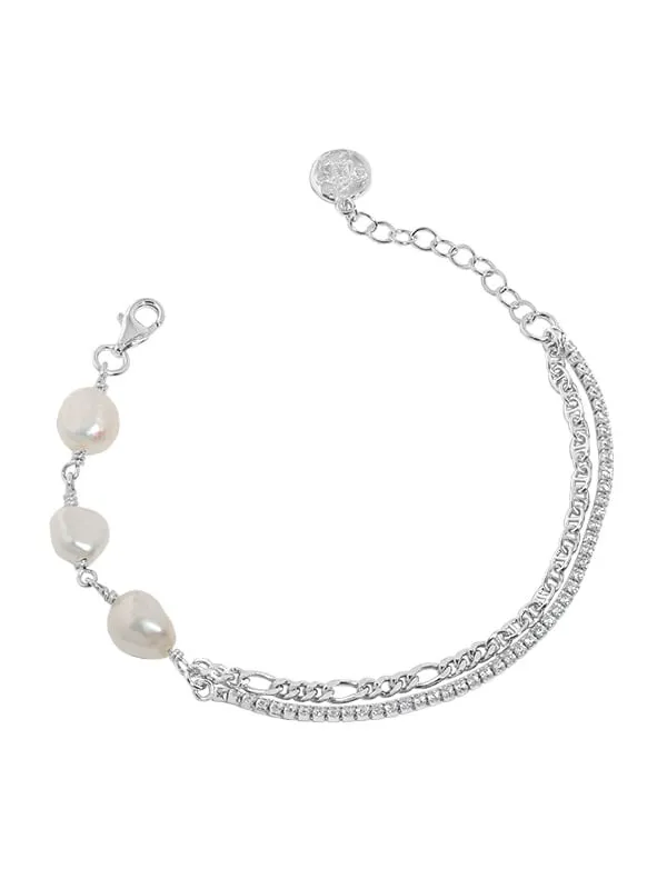 Pearl Tennis Bracelet Multi-strand Freshwater Pearl Diamond CZ 18k Gold Plated .925 Sterling Silver Bracelets