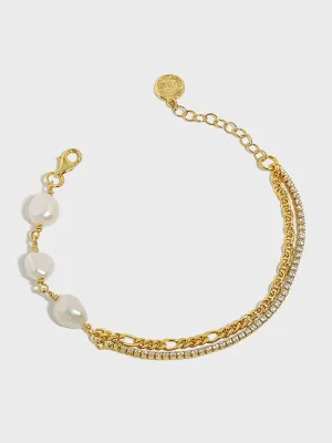 Pearl Tennis Bracelet Multi-strand Freshwater Pearl Diamond CZ 18k Gold Plated .925 Sterling Silver Bracelets