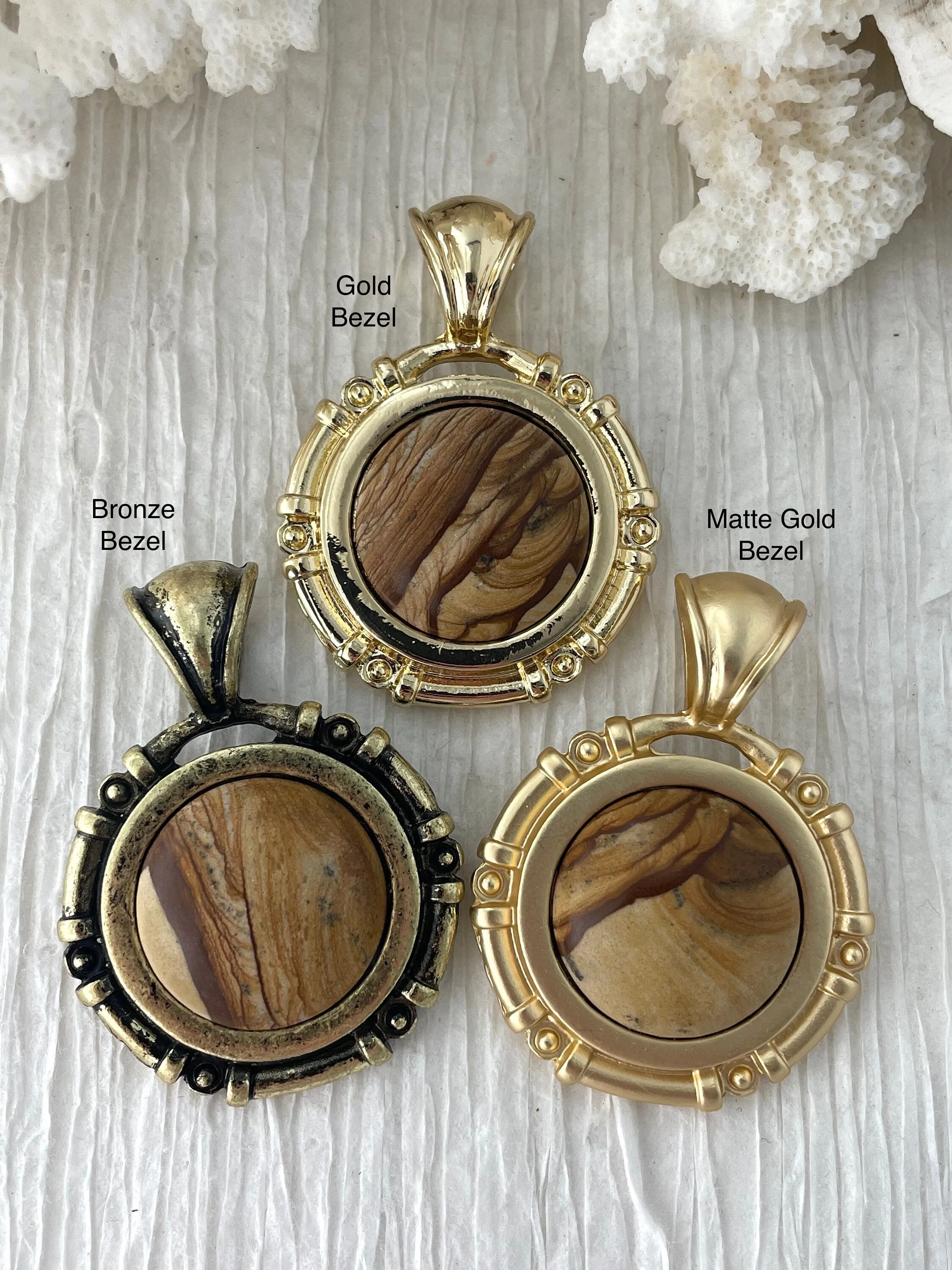 Picture Jasper Stone Pendant with Bezel, Natural Stone Cabochons, comes in a variety of patterns,3 bezel colors, Natural Stone, Fast Ship.