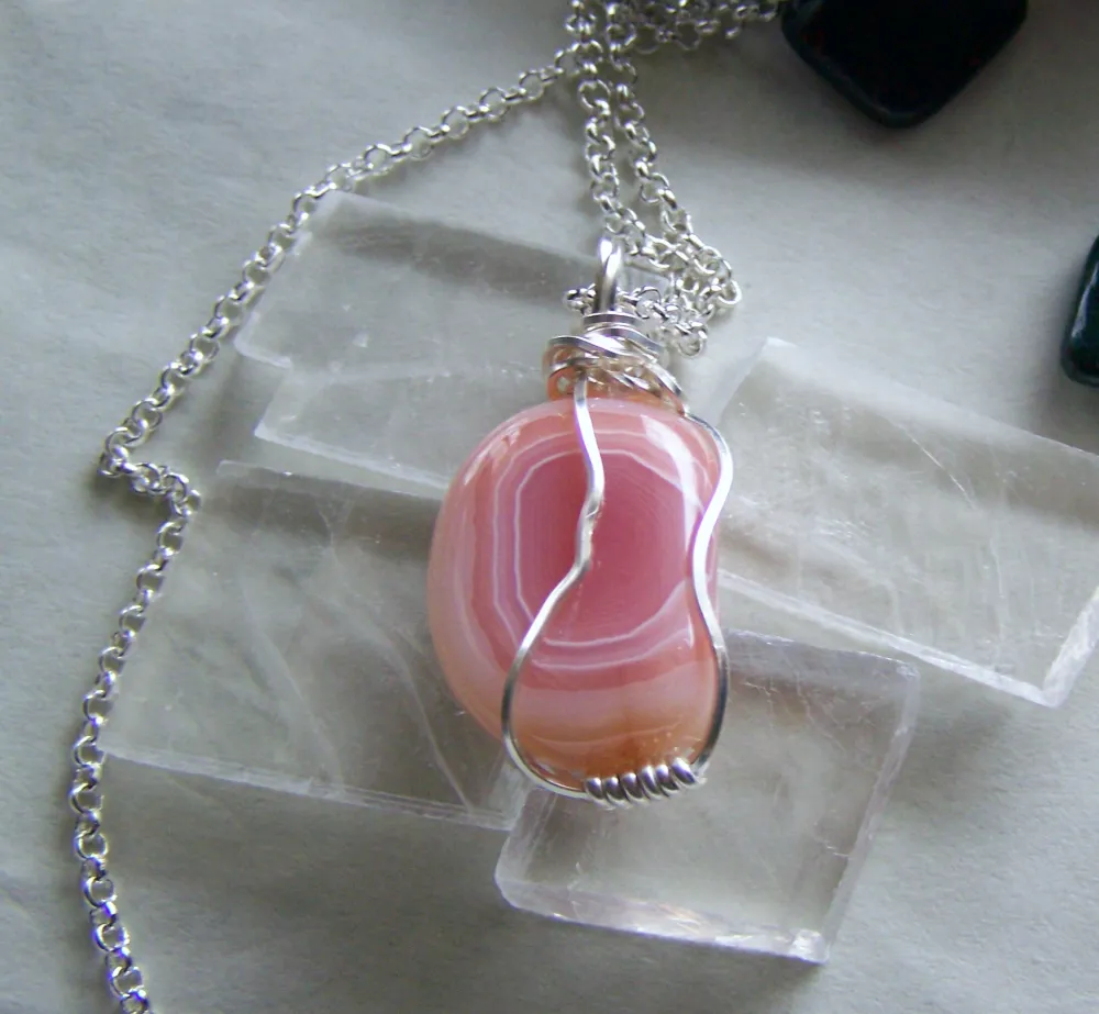 Pink Botswana Agate Polished Gemstone Wire Wrapped Pendant